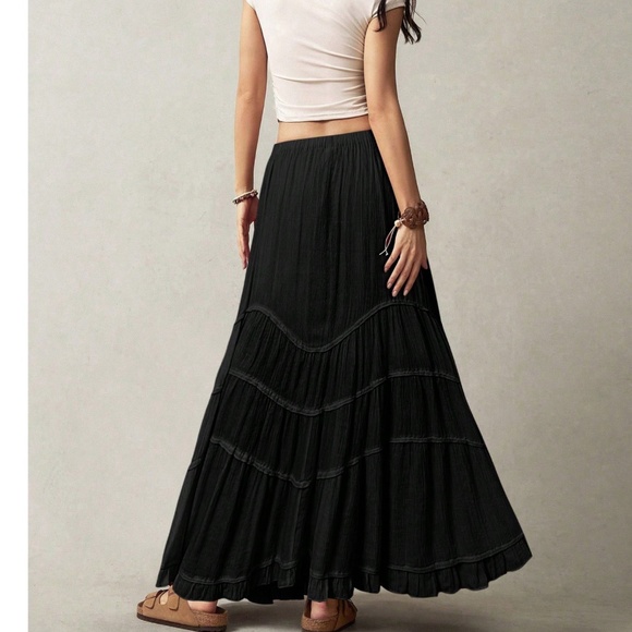 Plus Solid Stretchy Drawstring Waist Ruffle Hem Maxi Skirt - Picture 2 of 4